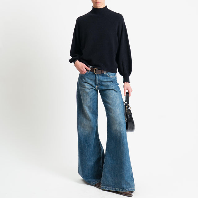 Suéter Haveone con cuello redondo y mangas abullonadas - Negro