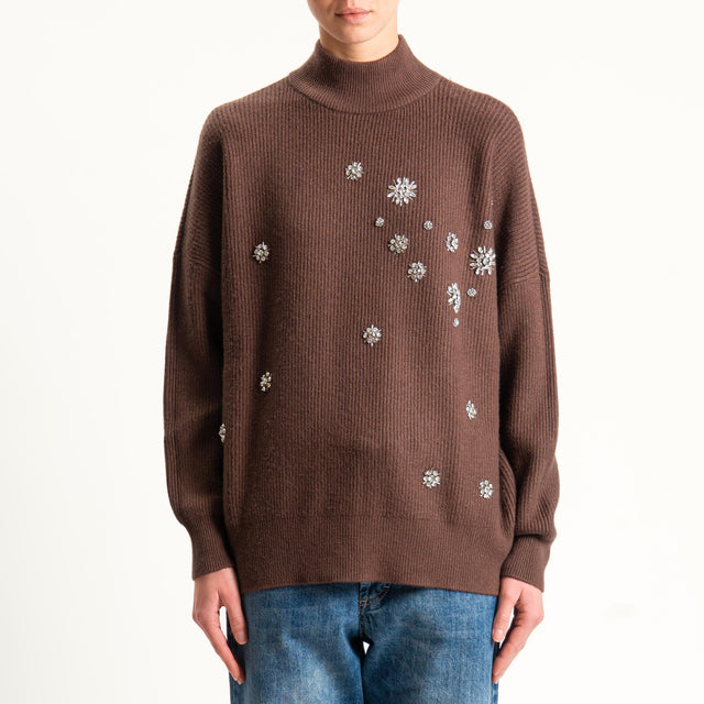 Haveone-Maglia collo montato con applicazioni - moro
