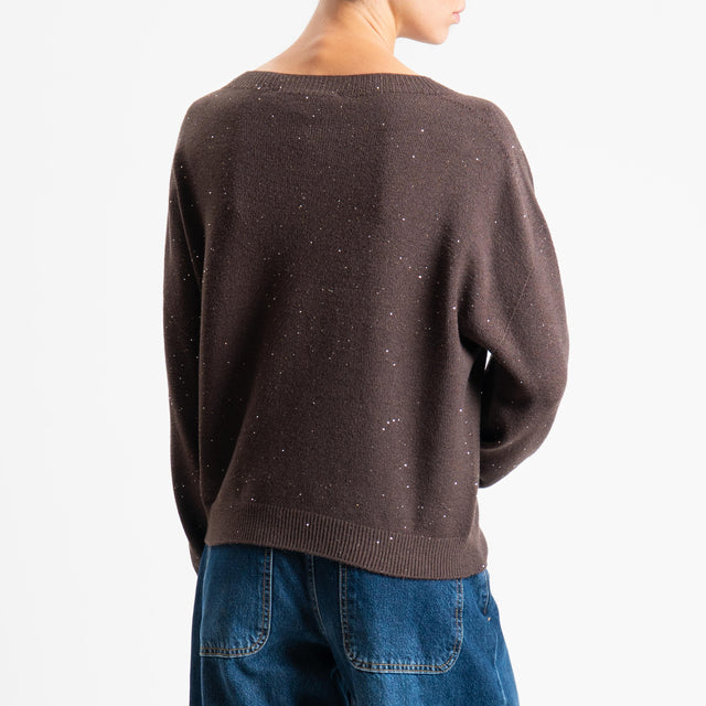 Haveone-Maglia girocollo con micro paillettes - moro