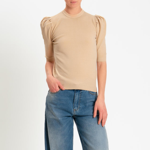 Haveone-Maglia girocollo manica sbuffo - beige