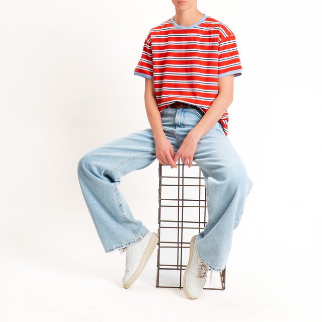 Haveone-Maglia scatola a righe cotone riciclato - cielo/rosso/cielo