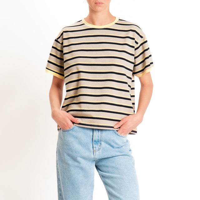 Haveone-Maglia scatola a righe cotone riciclato - giallo/beige/nero