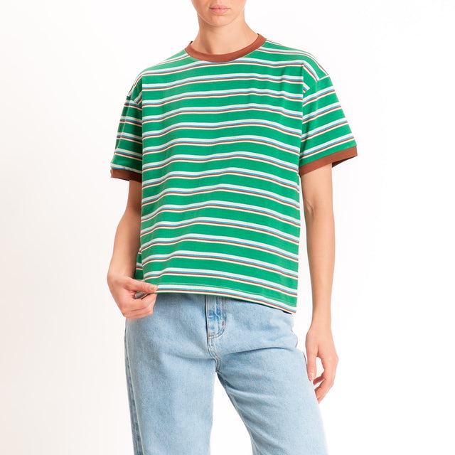 Haveone-Maglia scatola a righe cotone riciclato - tabacco/verde/turchese