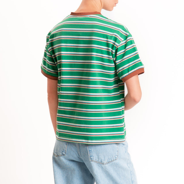 Haveone-Maglia scatola a righe cotone riciclato - tabacco/verde/turchese