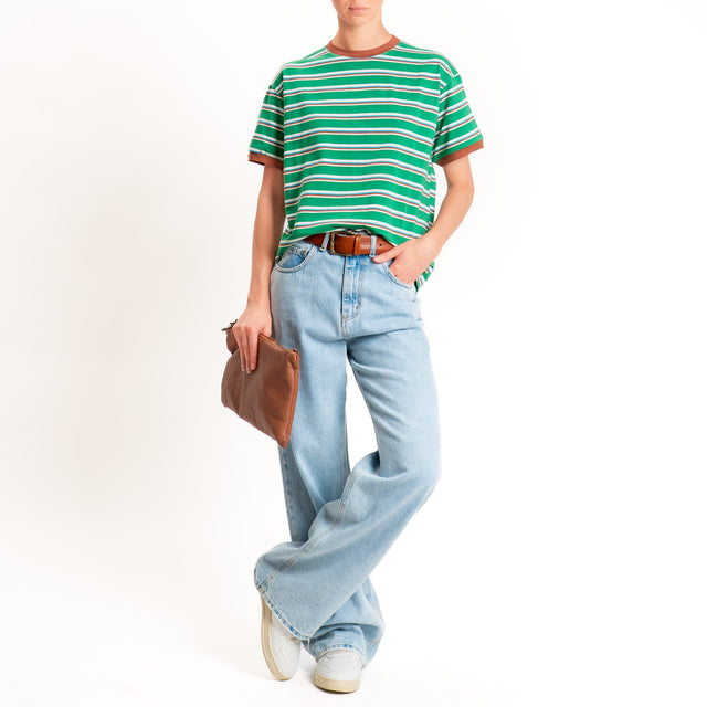 Haveone-Maglia scatola a righe cotone riciclato - tabacco/verde/turchese