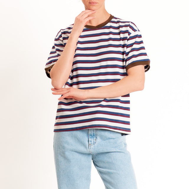 Haveone-Maglia scatola a righe cotone riciclato - moro/vino/blu