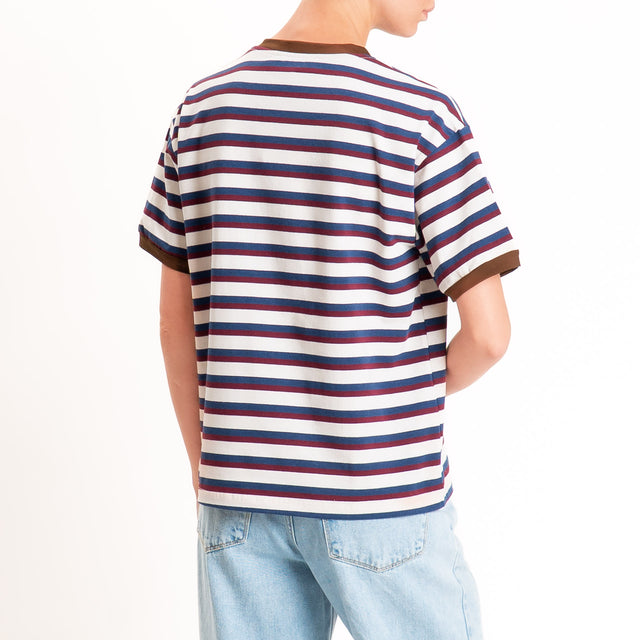 Haveone-Maglia scatola a righe cotone riciclato - moro/vino/blu
