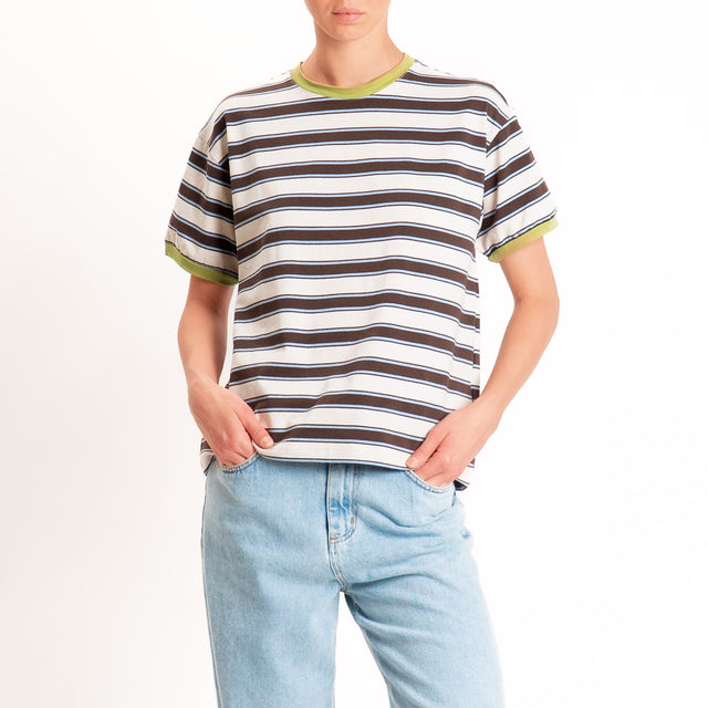 Haveone-Maglia scatola a righe cotone riciclato - olive/moro/cielo