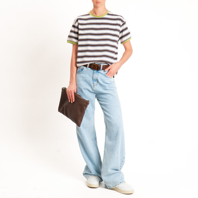 Haveone-Maglia scatola a righe cotone riciclato - olive/moro/cielo