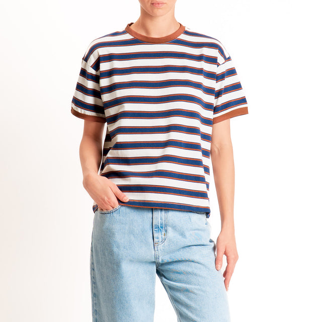 Haveone-Maglia scatola a righe cotone riciclato - tabacco/blu/cuoio