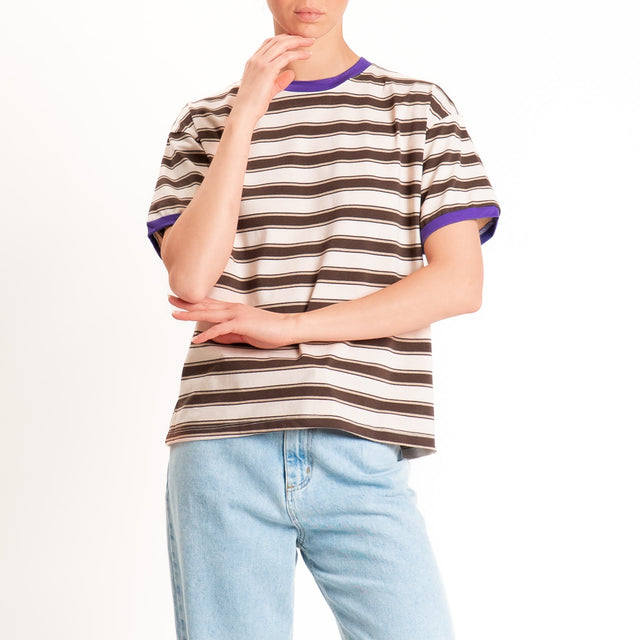 Haveone-Maglia scatola a righe cotone riciclato - viola/burro/moro