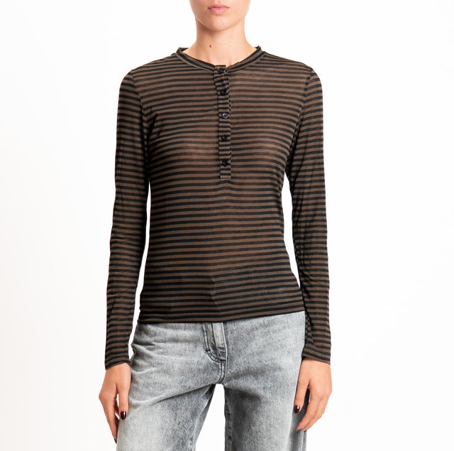 Haveone-T-shirt serafino a righe misto cashmere - moro/nero