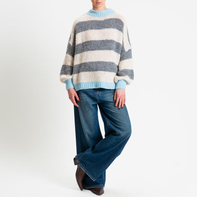 Haveone-Maglia girocollo a righe - celeste/burro/antracite