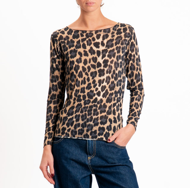 Haveone-T-shirt fantasia in jersey elasticizzato - maculato nero/beige