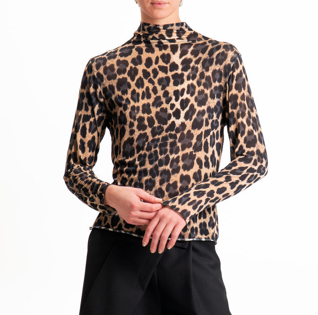 Haveone-T-shirt collo alto lana/cashmere fantasia - maculato nero/beige