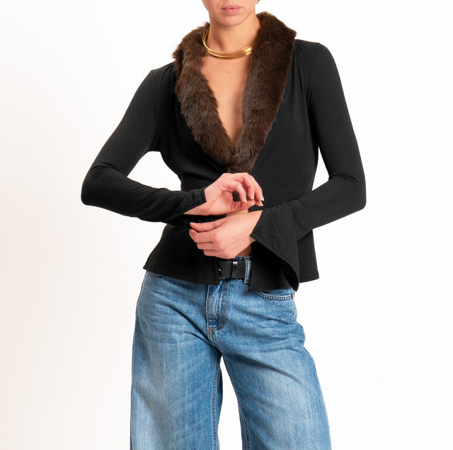 Haveone-Cardigan in jersey con ecopelliccia - nero