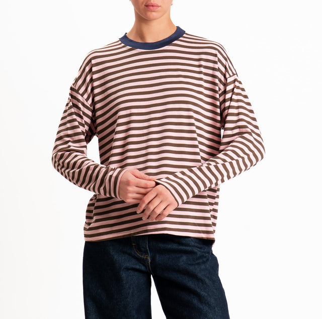 Haveone-T-shirt scatola a righe - blu/moro/rosa