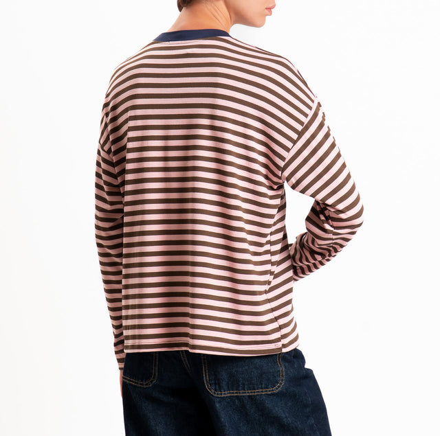 Haveone-T-shirt scatola a righe - blu/moro/rosa