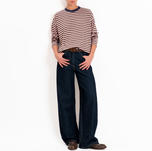 Haveone-T-shirt scatola a righe - blu/moro/rosa