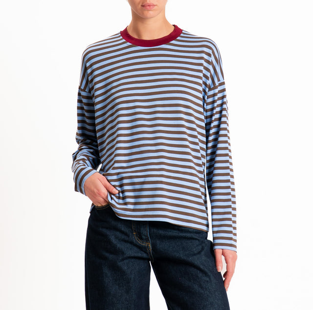 Haveone-T-shirt scatola a righe - bordeaux/azzurro/moro