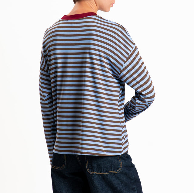 Haveone-T-shirt scatola a righe - bordeaux/azzurro/moro