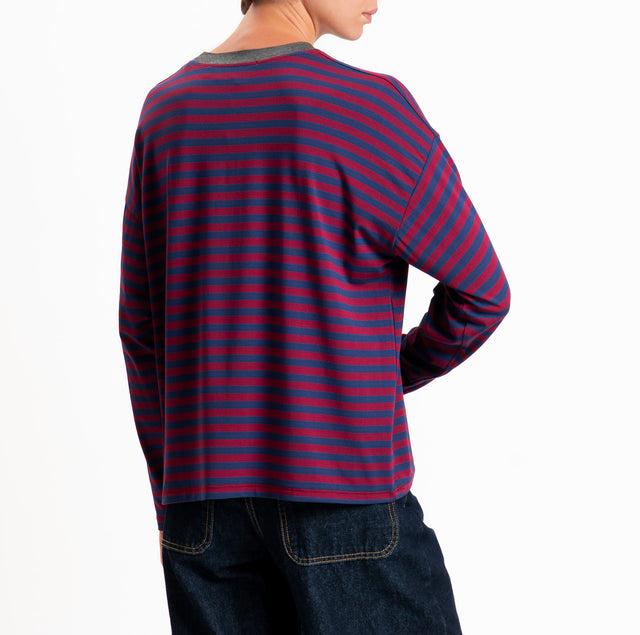 Haveone-T-shirt scatola a righe - grigio melange/blu/bordeaux
