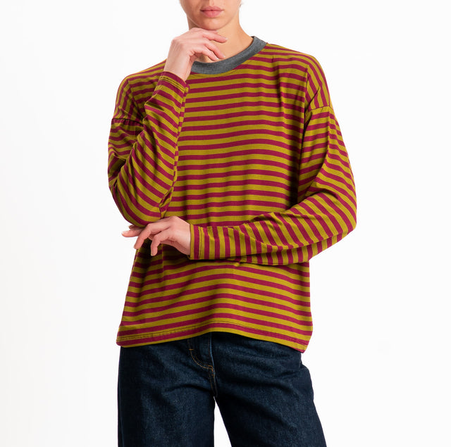 Haveone-T-shirt scatola a righe - grigio melange/foglia/vino
