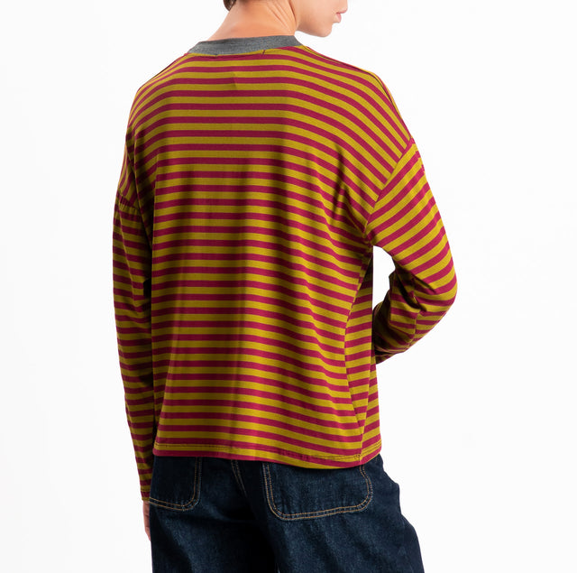 Haveone-T-shirt scatola a righe - grigio melange/foglia/vino
