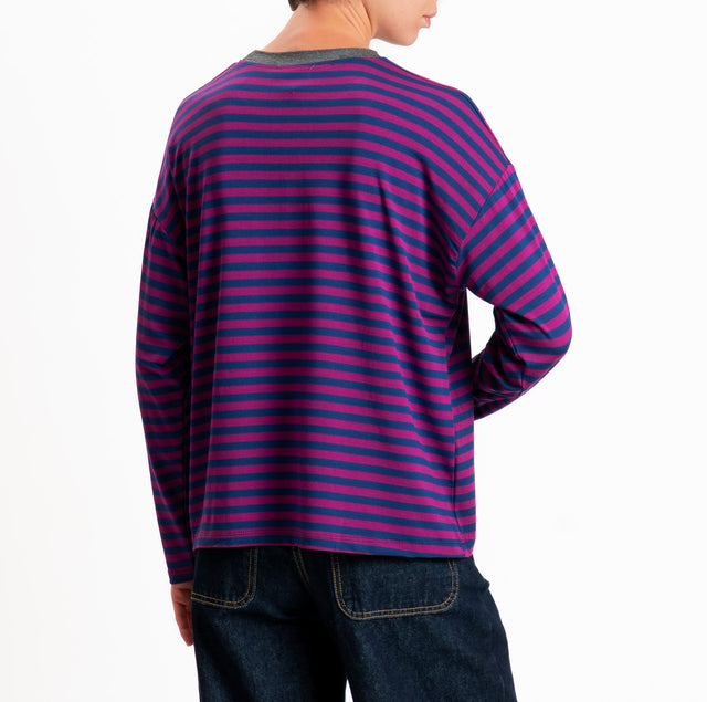 Haveone-T-shirt scatola a righe - grigio/blu/orchidea