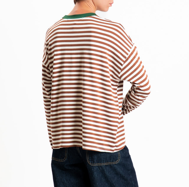 Haveone-T-shirt scatola a righe - verde/panna/tabacco