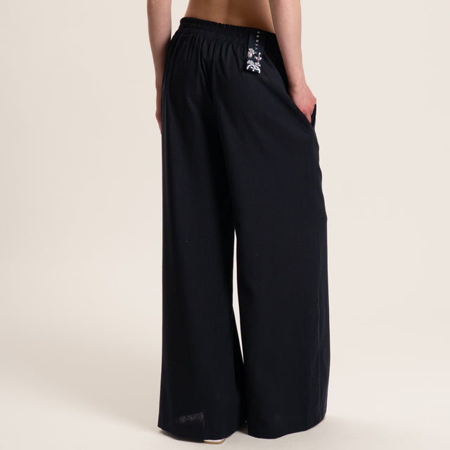 Haveone-Pantalone misto lino elastico dietro - Nero