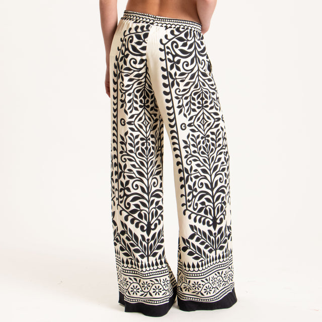 Haveone-Pantalone fantasia elastico in vita - latte/nero