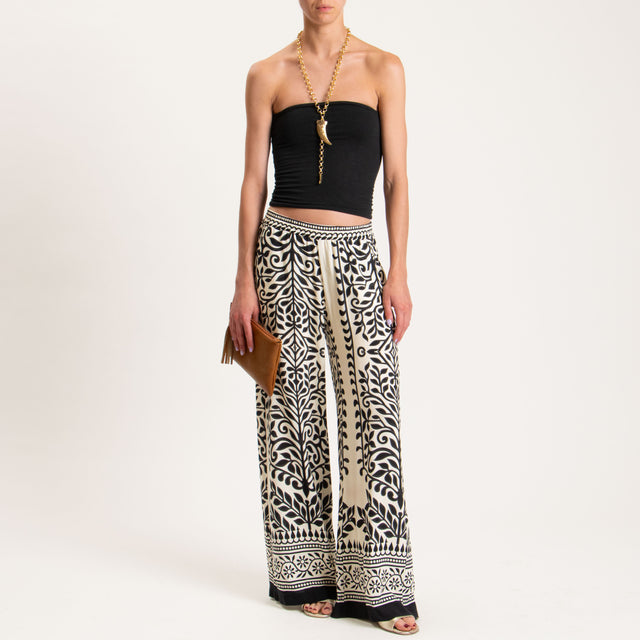 Haveone-Pantalone fantasia elastico in vita - latte/nero
