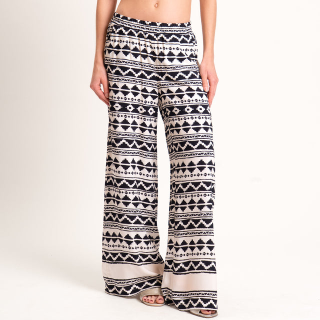 Haveone-Pantalone fantasia etnica elastico in vita - burro/nero