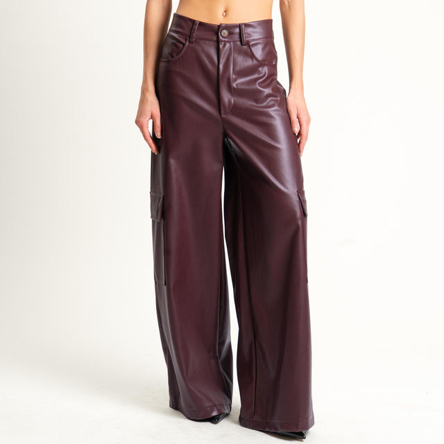 Haveone- Pantalone cargo similpelle wide leg - Bordeaux