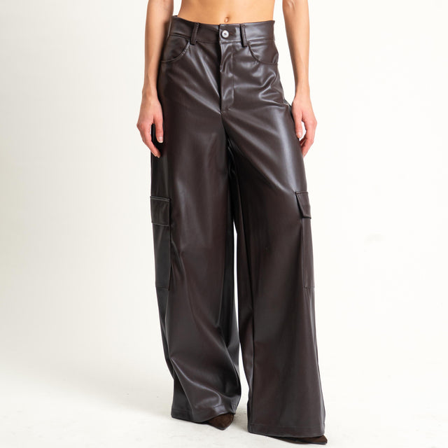 Haveone- Pantalone cargo similpelle wide leg - moro