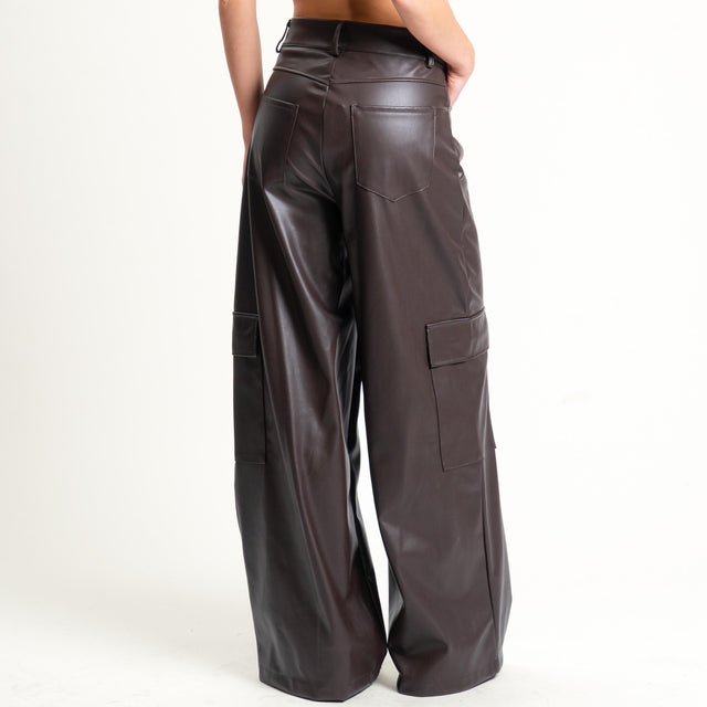 Haveone- Pantalone cargo similpelle wide leg - moro
