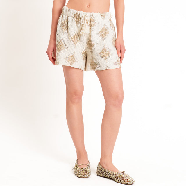 Haveone-Shorts traforato fantasia rombi con lurex - burro/oro