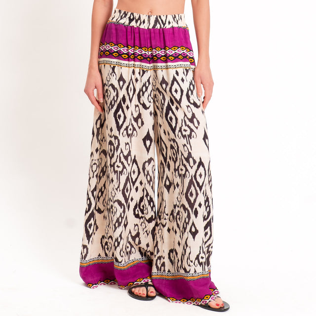 Haveone-Pantalone fantasia etnica elastico in vita - burro/malva/nero