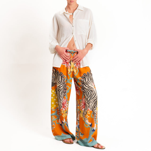 Haveone-Pantalone fantasia zebre elastico in vita - arancio/senape/salvia