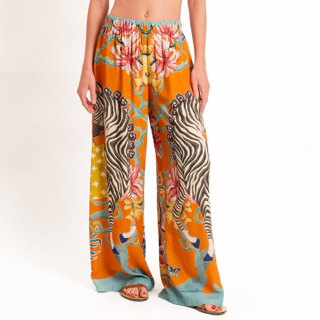 Haveone-Pantalone fantasia zebre elastico in vita - arancio/senape/salvia