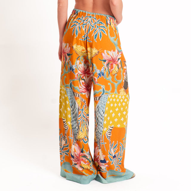 Haveone-Pantalone fantasia zebre elastico in vita - arancio/senape/salvia