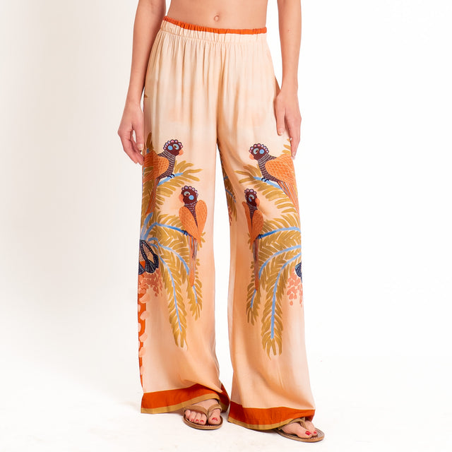 Haveone-Pantalone fantasia pavoni elastico in vita - tabacco/olio/azzurro