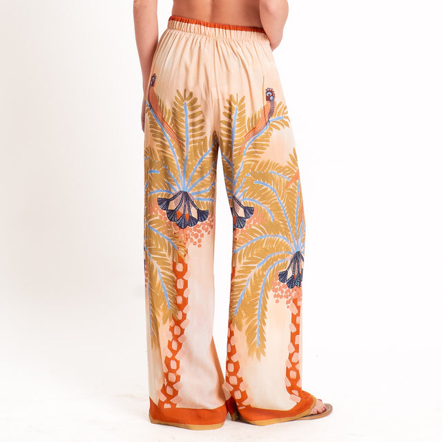 Haveone-Pantalone fantasia pavoni elastico in vita - tabacco/olio/azzurro
