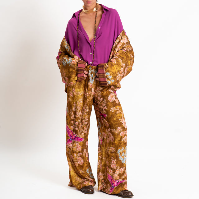 Haveone-Pantalone fantasia pappagalli elastico in - olio/cipria/fucsia