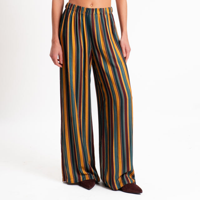 Haveone-Pantalone a righe elastico in vita - verde/bordeaux/cuoio