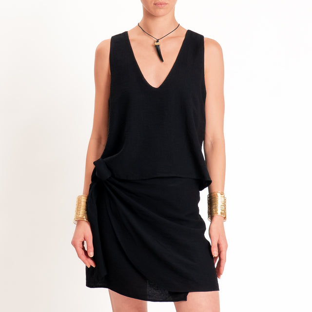 Haveone-Top goffrato doppio scollo v - nero