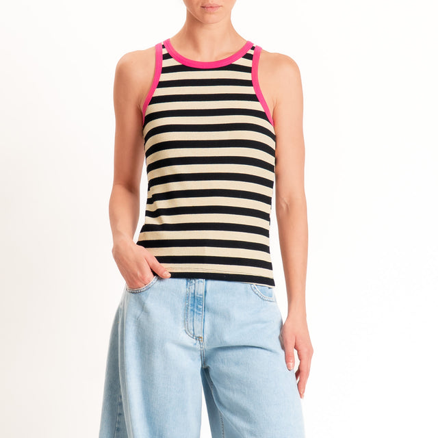 Haveone-Top a righe bordi contrasto cotone ricicla - fucsia/burro/nero