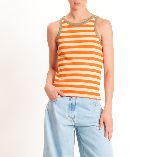Haveone-Top a righe bordi contrasto cotone ricicla - militare/burro/arancio
