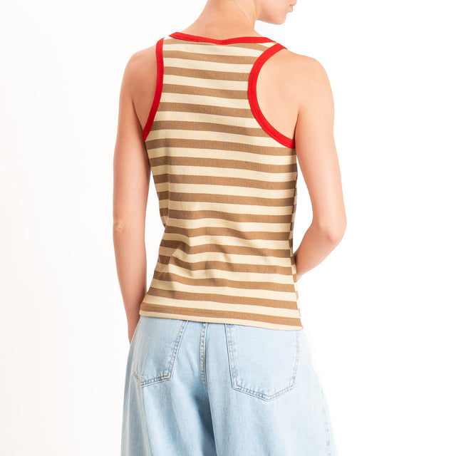 Haveone-Top a righe bordi contrasto cotone ricicla - rosso/burro/tabacco